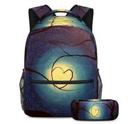 VAPOKF School Bag Set for Teen Girls Boys, Student Bookbag Backpack Rucksack with Pencil Case for School - Moonlight Heart