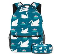 VAPOKF School Bag Set for Teen Girls Boys, Student Bookbag Backpack Rucksack with Pencil Case for School - White Swan Playing in the Lotus Plant Pool