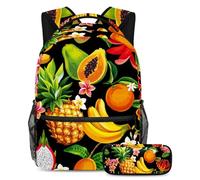 VAPOKF School Bag Set for Teen Girls Boys, Student Bookbag Backpack Rucksack with Pencil Case for School - Fruit Pineapple Dragon Papaya Banana Black