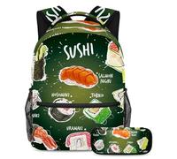 VAPOKF School Bag Set for Teen Girls Boys, Student Bookbag Backpack Rucksack with Pencil Case for School - Japan Sushi Green