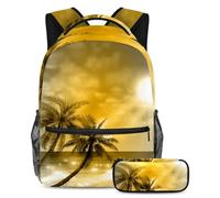 VAPOKF School Bag Set for Teen Girls Boys, Student Bookbag Backpack Rucksack with Pencil Case for School - Dreamy Golden Coco Island