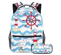 VAPOKF School Bag Set for Teen Girls Boys, Student Bookbag Backpack Rucksack with Pencil Case for School - Seagull Lighthouse Wheel Wave Sea Ocean Pattern