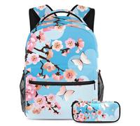 VAPOKF School Bag Set for Teen Girls Boys, Student Bookbag Backpack Rucksack with Pencil Case for School - Cherry Blossoms Butterflies