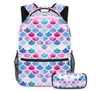 VAPOKF School Bag Set for Teen Girls Boys, Student Bookbag Backpack Rucksack with Pencil Case for School - Mermaid Scale Sea-Maid Colorful