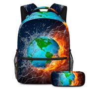 VAPOKF School Bag Set for Teen Girls Boys, Student Bookbag Backpack Rucksack with Pencil Case for School - Globe Fire and Water