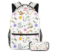 VAPOKF School Bag Set for Teen Girls Boys, Student Bookbag Backpack Rucksack with Pencil Case for School - Cute Cartoon Cat Ball of Yarn Flowers Pattern