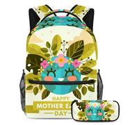 VAPOKF School Bag Set for Teen Girls Boys, Student Bookbag Backpack Rucksack with Pencil Case for School - Happy Mother Earth Day with Cute Planet