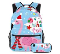 VAPOKF School Bag Set for Teen Girls Boys, Student Bookbag Backpack Rucksack with Pencil Case for School - Christmas Snowflake Flamingo What Fun