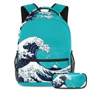 VAPOKF School Bag Set for Teen Girls Boys, Student Bookbag Backpack Rucksack with Pencil Case for School - Japanese Waves