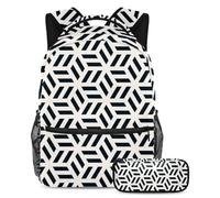 VAPOKF School Bag Set for Teen Girls Boys, Student Bookbag Backpack Rucksack with Pencil Case for School - Geometry Monochrome Hexagonal Pattern