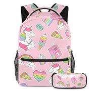 VAPOKF School Bag Set for Teen Girls Boys, Student Bookbag Backpack Rucksack with Pencil Case for School - Pastel Unicorn and Dessert Pizza Rainbow Pattern
