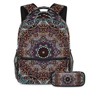 VAPOKF School Bag Set for Teen Girls Boys, Student Bookbag Backpack Rucksack with Pencil Case for School - Rectangular Mandala Floral Colorful Flowers Pattern