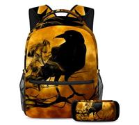 VAPOKF School Bag Set for Teen Girls Boys, Student Bookbag Backpack Rucksack with Pencil Case for School - Raven Crow Night Creepy Darkness