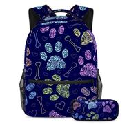 VAPOKF School Bag Set for Teen Girls Boys, Student Bookbag Backpack Rucksack with Pencil Case for School - Animal Paws Cat Dog Bones Footprints Love Heart Pattern
