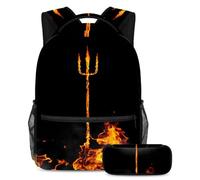 VAPOKF School Bag Set for Teen Girls Boys, Student Bookbag Backpack Rucksack with Pencil Case for School - Trident Burning Fire Fork Abstract