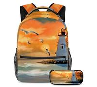 VAPOKF School Bag Set for Teen Girls Boys, Student Bookbag Backpack Rucksack with Pencil Case for School - Seagull Lighthouse Ocean View