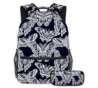 VAPOKF School Bag Set for Teen Girls Boys, Student Bookbag Backpack Rucksack with Pencil Case for School - Fantasy Nature Butterflies or Moths Art and Spirituality Pattern