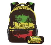 VAPOKF School Bag Set for Teen Girls Boys, Student Bookbag Backpack Rucksack with Pencil Case for School - Summer Car Surf Boards Tropical Beach Coast