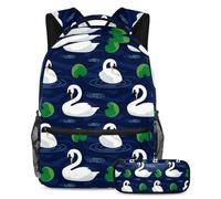 VAPOKF School Bag Set for Teen Girls Boys, Student Bookbag Backpack Rucksack with Pencil Case for School - Swan Swimming in the Lotus Pool Night