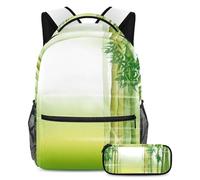 VAPOKF School Bag Set for Teen Girls Boys, Student Bookbag Backpack Rucksack with Pencil Case for School - Green Bamboo Scene in the Morning