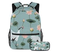VAPOKF School Bag Set for Teen Girls Boys, Student Bookbag Backpack Rucksack with Pencil Case for School - Japanese Cranes and Lotuses Pattern