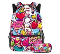VAPOKF School Bag Set for Teen Girls Boys, Student Bookbag Backpack Rucksack with Pencil Case for School - Unicorn Candy Donut Girlish Style Doodles