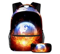 VAPOKF School Bag Set for Teen Girls Boys, Student Bookbag Backpack Rucksack with Pencil Case for School - the Burning Earth Fire
