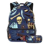 VAPOKF School Bag Set for Teen Girls Boys, Student Bookbag Backpack Rucksack with Pencil Case for School - Colored Pirates Pattern