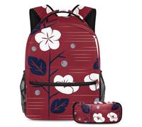 VAPOKF School Bag Set for Teen Girls Boys, Student Bookbag Backpack Rucksack with Pencil Case for School - Red Japanese Style Floral Pattern