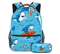 VAPOKF School Bag Set for Teen Girls Boys, Student Bookbag Backpack Rucksack with Pencil Case for School - Underwater Cute Cartoon Sharks Fish Coral Pattern