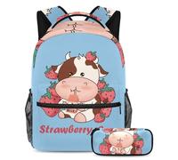 VAPOKF School Bag Set for Teen Girls Boys, Student Bookbag Backpack Rucksack with Pencil Case for School - Strawberries and Cows Drinking Milk