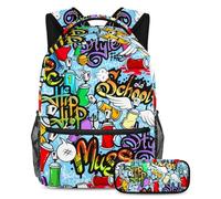 VAPOKF School Bag Set for Teen Girls Boys, Student Bookbag Backpack Rucksack with Pencil Case for School - Graffiti Spray Street Art Pattern