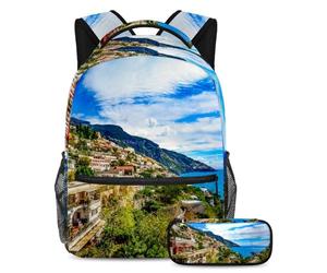 VAPOKF School Bag Set for Teen Girls Boys, Student Bookbag Backpack Rucksack with Pencil Case for School - Amalfi Coast