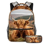 VAPOKF Scottish Cow Sit on Highland School Bag Set for Teen Girls Boys Kids, Student Bookbag Backpack Rucksack with Pencil Case for Primary Secondary Junior High School