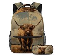VAPOKF Scottish Highland Cow School Bag Set for Teen Girls Boys Kids, Student Bookbag Backpack Rucksack with Pencil Case for Primary Secondary Junior High School