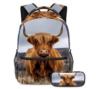 VAPOKF Scottish Highland Cow School Bag Set for Teen Girls Boys Kids, Student Bookbag Backpack Rucksack with Pencil Case for Primary Secondary Junior High School