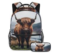 VAPOKF Scottish Highland Cow School Bag Set for Teen Girls Boys Kids, Student Bookbag Backpack Rucksack with Pencil Case for Primary Secondary Junior High School