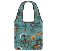 VAPOKF Sea Voyages Dragon and Octopus Canvas Tote Bags, Women's Shoulder Handbags, Large Reusable Carry Bag Shoulder Bag for School Work Office Travel Shopping Casual