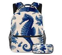 VAPOKF Seahorse Shells Leaves School Bag Set for Teen Girls Boys Kids, Student Bookbag Backpack Rucksack with Pencil Case for Primary Secondary Junior High School