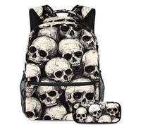 VAPOKF Seamless Dead Human Skulls School Bag Set for Teen Girls Boys Kids, Student Bookbag Backpack Rucksack with Pencil Case for Primary Secondary Junior High School
