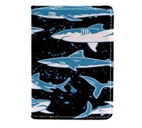 VAPOKF Shark and Blue Painted on Black Passport Holder Travel Wallet Leather Card Case Cover, 11.5x16.5cm