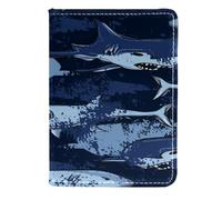 VAPOKF Shark on Grunge Blue Background Passport Holder Travel Wallet Leather Card Case Cover, 11.5x16.5cm