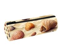 VAPOKF Shells on Wet Beach Sand Print Pencil Cases, PU Leather Pen Bag Student Stationery Organiser Bag Makeup Pouch for Women Girls Boys Kids School Office Supplies