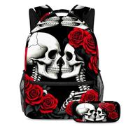VAPOKF Skeleton Bride and Groom School Bag Set for Teen Girls Boys Kids, Student Bookbag Backpack Rucksack with Pencil Case for Primary Secondary Junior High School