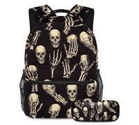VAPOKF Skull and Rock Skeleton Hand School Bag Set for Teen Girls Boys Kids, Student Bookbag Backpack Rucksack with Pencil Case for Primary Secondary Junior High School