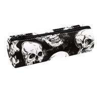 VAPOKF Skulls and Bones Leather Barrel Pen Pencil Case Coin Purse Cosmetic Makeup Bag for Student Stationery School Office Storage