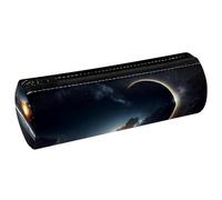 VAPOKF Solar Eclipse Sky Print Pencil Cases, PU Leather Pen Bag Student Stationery Organiser Bag Makeup Pouch for Women Girls Boys Kids School Office Supplies