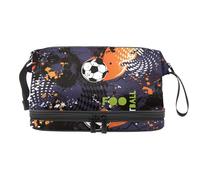 VAPOKF Sport Football Ink Dots Fire Ball on Dark Blue Background Cosmetic Bag for Women and Girls, Travel Toiletry Bag Makeup Handy Pouch Organizer Bag with Brush Compartment