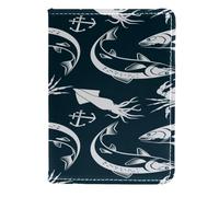 VAPOKF Squid Salmon Fish and King Crab Anchor Passport Holder Travel Wallet Leather Card Case Cover, 11.5x16.5cm