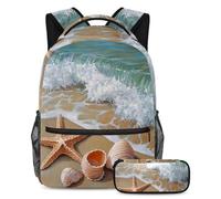 VAPOKF Starfish Shells on The Beach School Bag Set for Teen Girls Boys Kids, Student Bookbag Backpack Rucksack with Pencil Case for Primary Secondary Junior High School